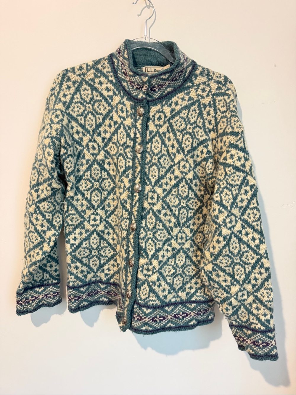 L.L. Bean Green and Cream Fair Isle Wool Cardigan